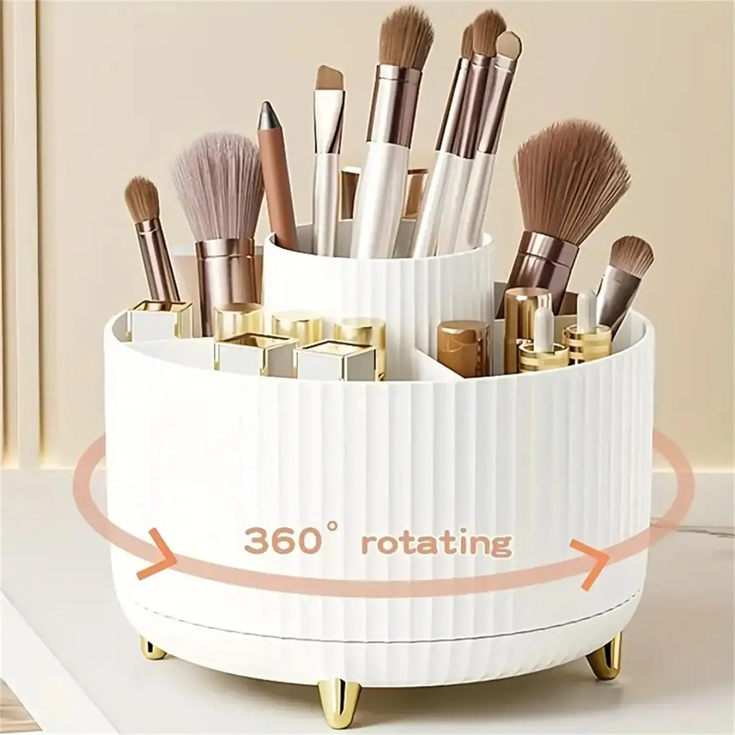 360 °   Organizador de maquiagem giratório - 1 unidade de armazenamento de cosméticos de plástico com 5 compartimentos - Suporte multifuncional para pincéis