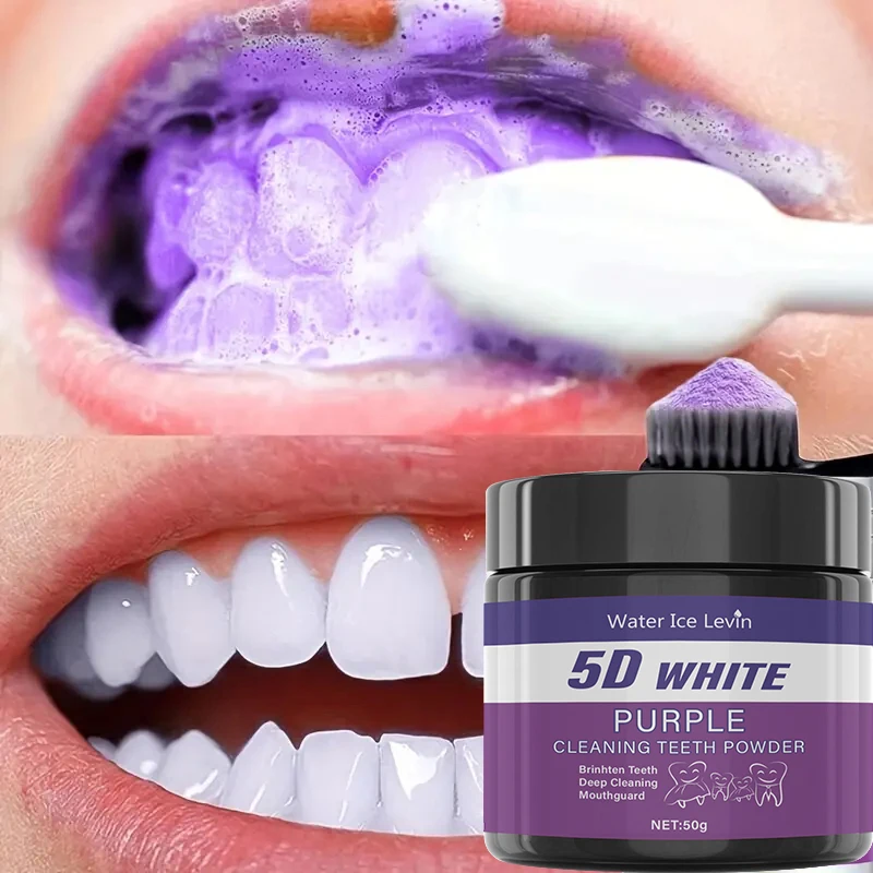 Pó de Limpeza Dental Roxo - Sem Sulfato, Limpeza Profunda e Polimento, Clareia os Dentes em 5 Dias, Portátil para Uso Diário e Viagens