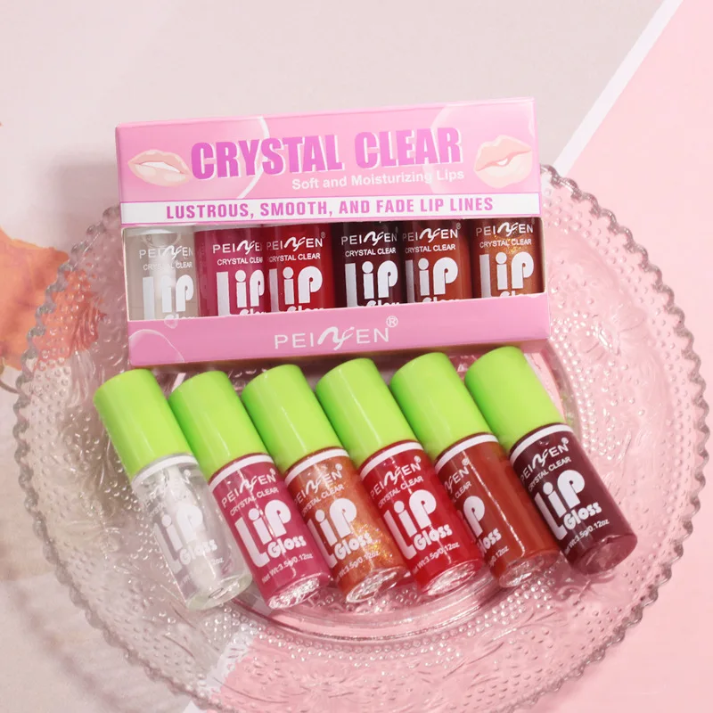 Conjunto de brilho labial espelhado de vidro, 6 peças, hidratante, leve, bálsamo labial, brilhante, transparente, pêssego, cereja, rosa